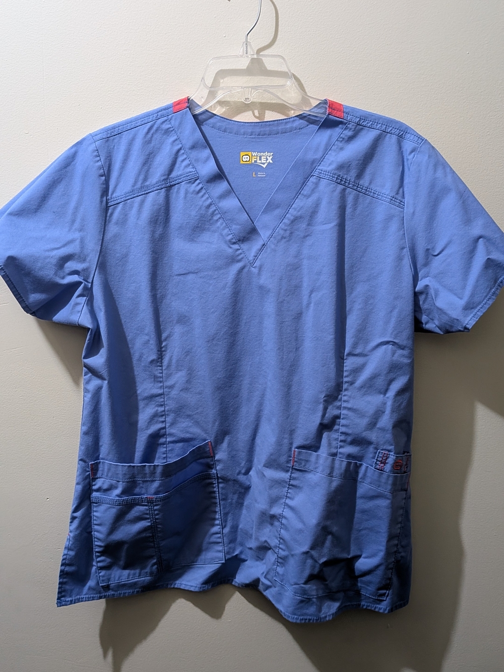 WonderWink Light Blue V-Neck Short Sleeve Scrub Top with Red Accents